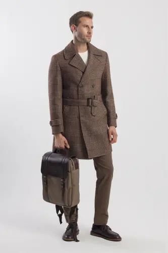 Brown Slim Fit Sailor Collar Plaid Wool Coat - JAKAMEN (1)