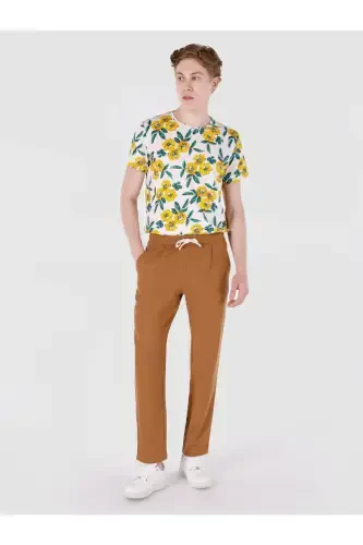 Brown, straight leg, mid-rise, regular fit trousers for men. - 3