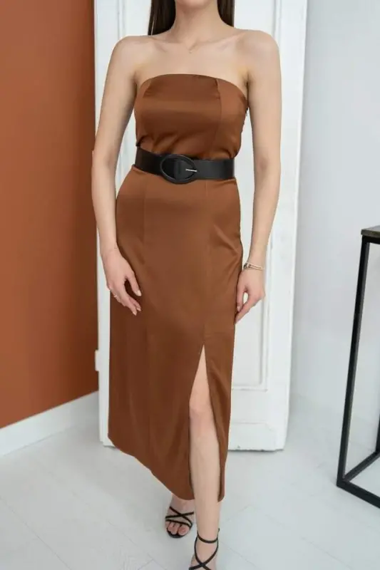 Brown Strapless Satin Dress - 2