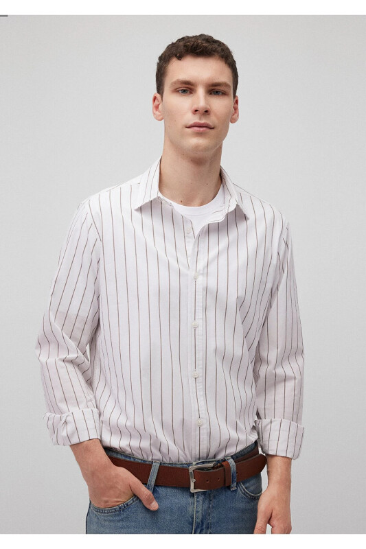 Brown Striped White Shirt Regular Fit / Norm - 1