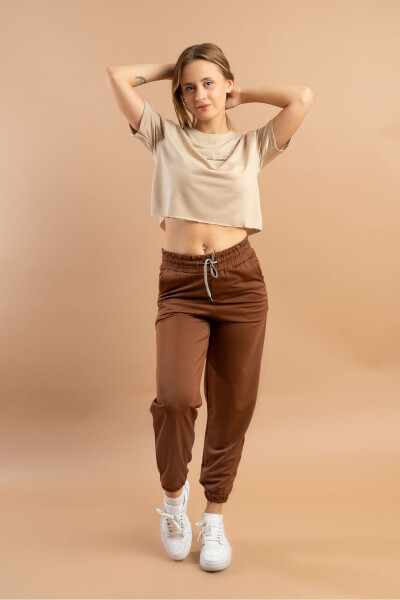 Brown Sweatpants with Elastic Waistband - 1