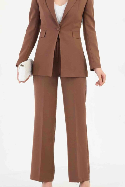Brown Women's Palazzo Blazer Suit Single Button Jacket Belted Pants 