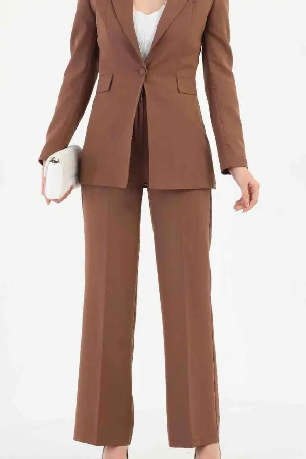 Brown Women's Palazzo Blazer Suit Single Button Jacket Belted Pants - 1