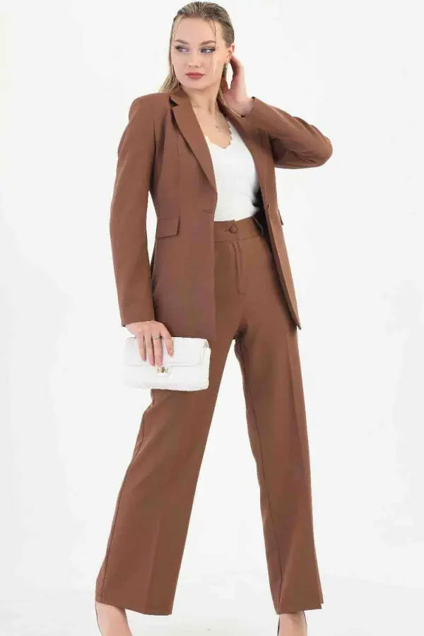 Brown Women's Palazzo Blazer Suit Single Button Jacket Belted Pants - 2
