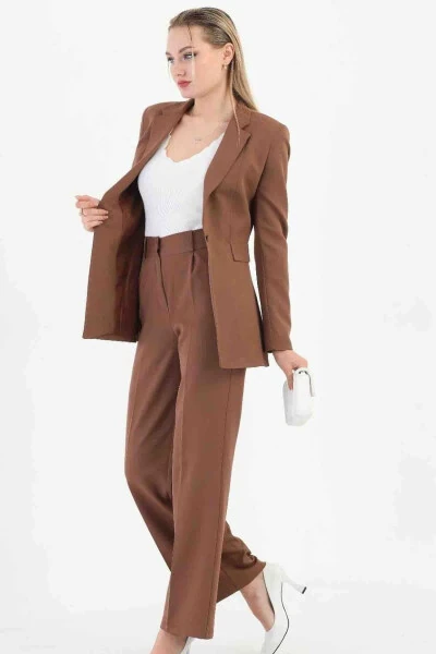 Brown Women's Palazzo Blazer Suit Single Button Jacket Belted Pants - 3