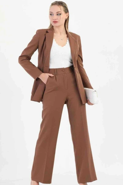 Brown Women's Palazzo Blazer Suit Single Button Jacket Belted Pants - 4