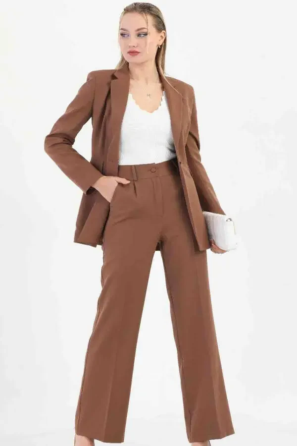 Brown Women's Palazzo Blazer Suit Single Button Jacket Belted Pants - 4