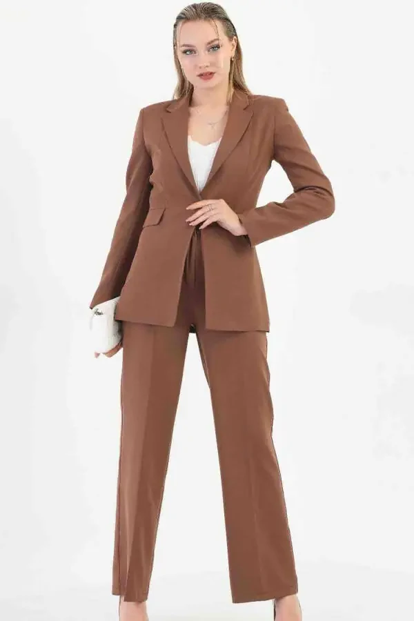 Brown Women's Palazzo Blazer Suit Single Button Jacket Belted Pants - 5