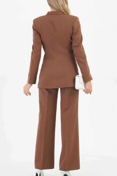 Brown Women's Palazzo Blazer Suit Single Button Jacket Belted Pants - 6