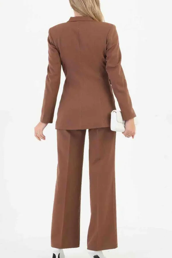 Brown Women's Palazzo Blazer Suit Single Button Jacket Belted Pants - 6