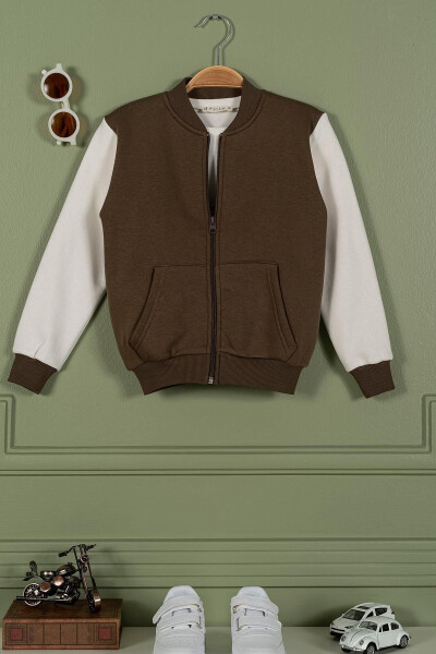 Brown Zippered Kangaroo Pocket Boys' Jacket - 3