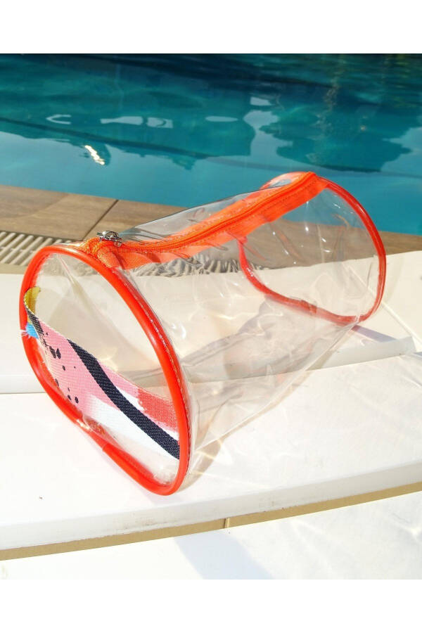 Brush Pattern Handheld Large Orange Transparent Holiday, Beach, Cosmetic, Makeup and Care Bag - 6