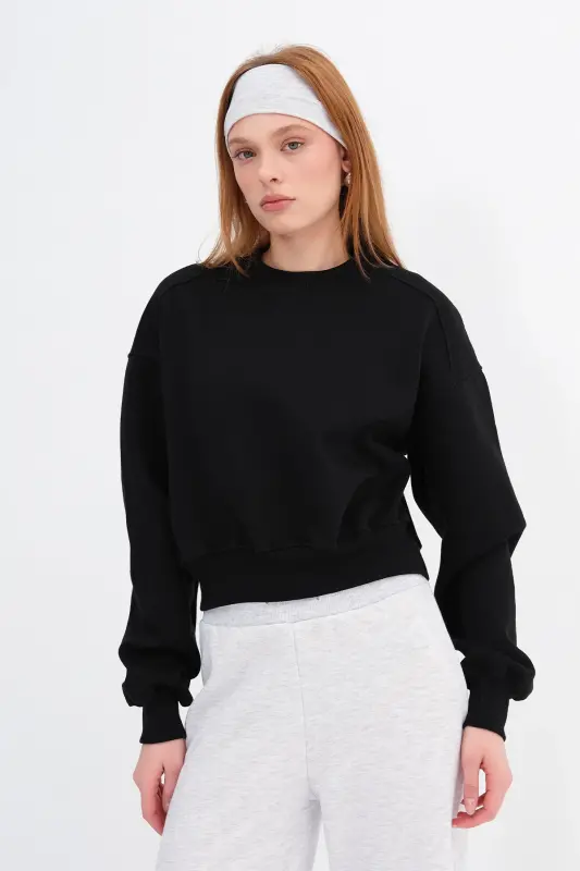 Brushed Crew Neck Basic Sweatshirt S3812-w1-Black - 2