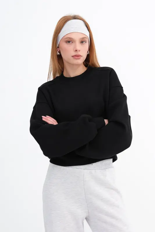 Brushed Crew Neck Basic Sweatshirt S3812-w1-Black - 9