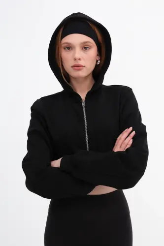 Brushed Hooded Crop Sweatshirt H1526-I9-Black - 17