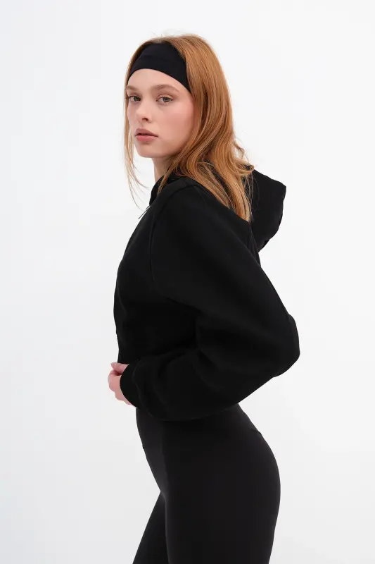 Brushed Hooded Crop Sweatshirt H1526-I9-Black - 4