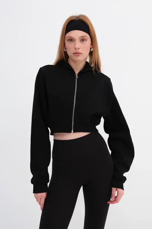 Brushed Hooded Crop Sweatshirt H1526-I9-Black - 5