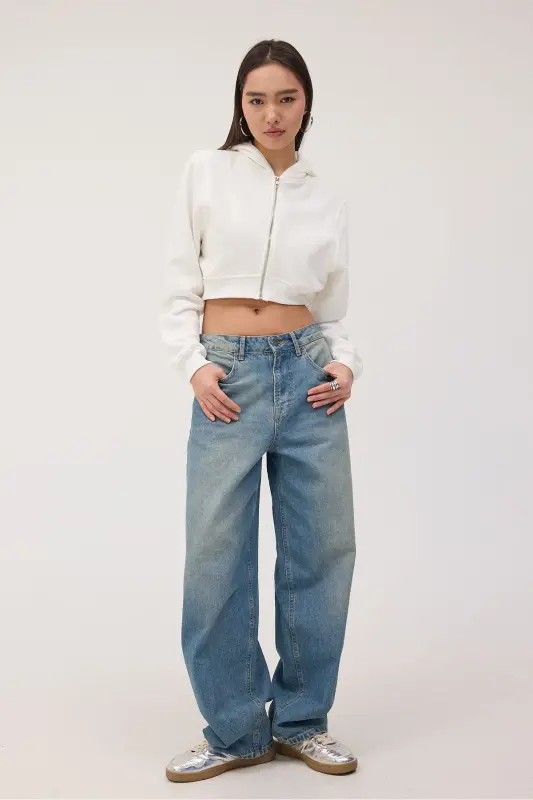 Brushed Hooded Crop Sweatshirt H1526-I9-Ecru - 1