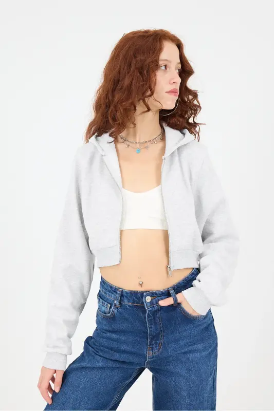 Brushed Hooded Crop Sweatshirt H1526-I9-Snow Melange - 4