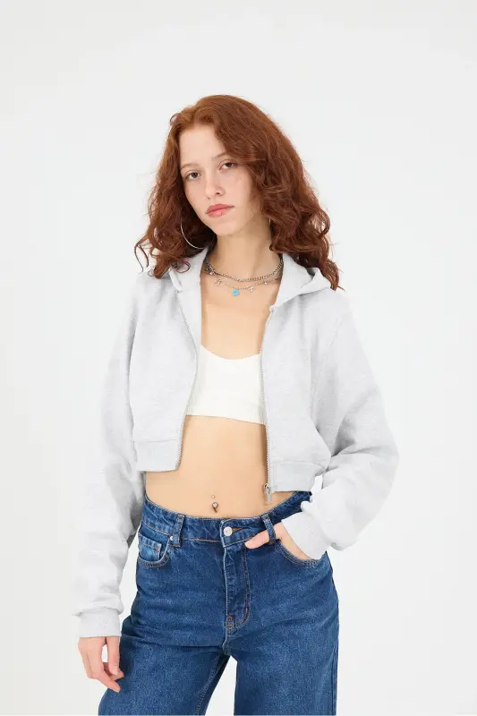Brushed Hooded Crop Sweatshirt H1526-I9-Snow Melange - 6