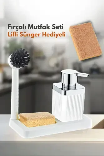 Brushed Liquid Soap Dispenser Sponge Holder Stand Kitchen Bathroom Set - 2 Bathroom Sponges Gift Included - 1