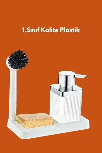 Brushed Liquid Soap Dispenser Sponge Holder Stand Kitchen Bathroom Set - 2 Bathroom Sponges Gift Included - 4