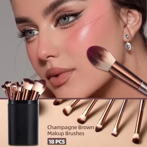 BS-MALL Makeup Brush Set 18 Pcs Premium Synthetic Foundation Powder Concealers Eye shadows Blush Makeup Brushes with black case (B-Brown) - 5
