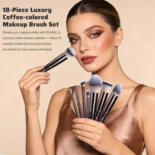 BS-MALL Makeup Brush Set 18 Pcs Premium Synthetic Foundation Powder Concealers Eye shadows Blush Makeup Brushes with black case (Coffee) - 4