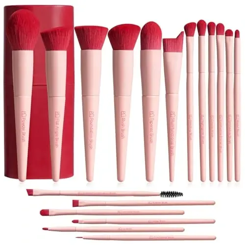 BS-MALL Makeup Brush Set 18 Pcs Premium Synthetic Foundation Powder Concealers Eye shadows Blush Makeup Brushes with black case (Pink Red) - 1