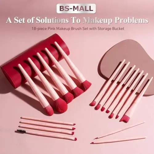 BS-MALL Makeup Brush Set 18 Pcs Premium Synthetic Foundation Powder Concealers Eye shadows Blush Makeup Brushes with black case (Pink Red) - 6