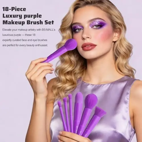 BS-MALL Makeup Brush Set 18 Pcs Premium Synthetic Foundation Powder Concealers Eye shadows Blush Makeup Brushes with Case (Purple) - 4