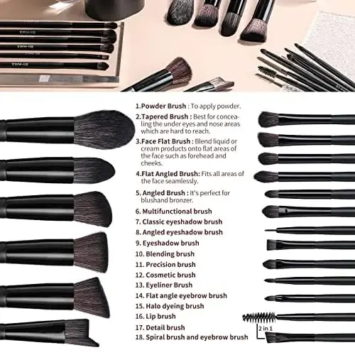BS-MALL Makeup Brush Set 18 Pcs Premium Synthetic Foundation Powder Concealers Eye shadows Blush Makeup Brushes with black case (C-Black） - 2
