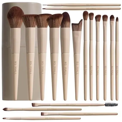 BS-MALL Professional Makeup Brush Set 18 Pcs Premium Synthetic Foundation Powder Concealers Eye Shadows Blush Makeup Brushes with Travel Case (Matte white beige) - 1