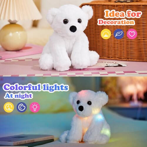 BSTAOFY Parlayan Kutup Ayısı Işıklı Peluş Oyuncak LED Gece Lambası Yumuşak Peluş Oyuncak Sevimli Doğum Günü Sevgililer Günü Anneler Günü Çocuklar Günü için Bebek Çocuklar, Beyaz, 9.5'' - 9