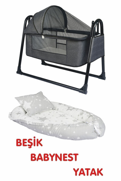 Btrend Babynest Yatak Ve Yastık+ Cep Hediyeli Sallanır Sepet Beşik Bebek Beşiği Hamak 2 li Set-Antrasit - ÖZBAY
