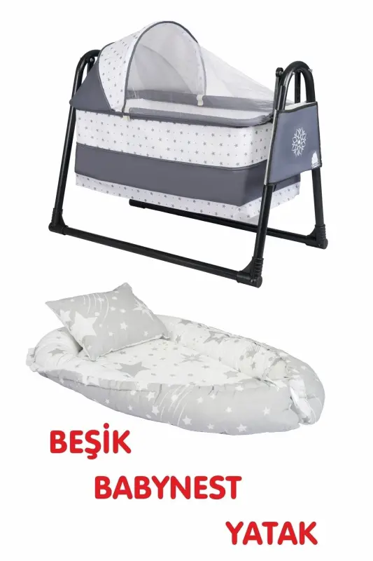 Btrend Babynest Yatak Ve Yastık+ Cep Hediyeli Sallanır Sepet Beşik Bebek Beşiği Hamak 2 li Set - A.Gri - ÖZBAY