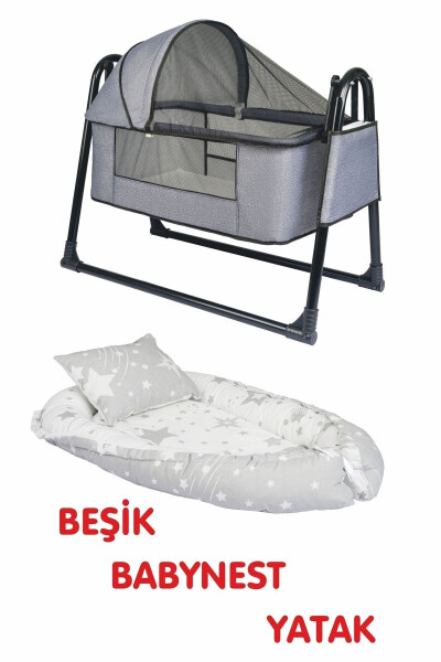 Btrend Babynest Yatak Ve Yastık+ Cep Hediyeli Sallanır Sepet Beşik Bebek Beşiği Hamak 2 li Set-Gri - ÖZBAY