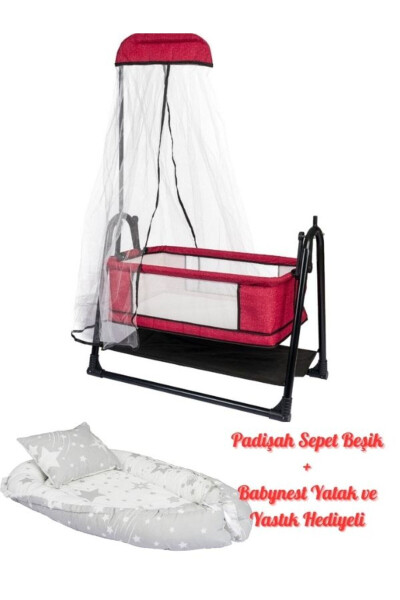 Btrend Podishoh Kulrang Babynest Matras Va Yostiq Tebranadigan Savat Beshik Bolalar Beshigi 2 tadan iborat to'plam-Bordo 