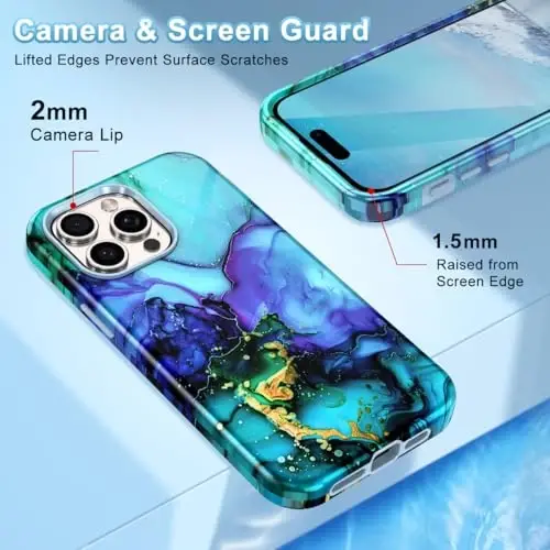 Btscase для iPhone 15 Pro Max 6.7 дюймов (2023), мраморный узор, 3 в 1, сверхпрочный, ударопрочный, твердый ПК+мягкий силикон, защитный чехол для женщин и девочек для iPhone 15 Pro Max, бирюзовый - 4