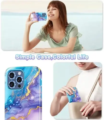 Btscase для iPhone 15 Pro Max Case 6.7 дюймов (2023), мраморный узор 3 в 1 сверхпрочный полнокорпусный противоударный жесткий ПК+мягкий силиконовый защитный чехол для женщин и девочек для iPhone 15 Pro Max, фиолетово-синий - 6