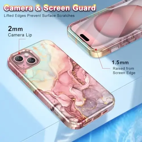 Btscase for iPhone 15 Case 6.1 inch (2023), Marble Pattern 3 in 1 Heavy Duty Shockproof Full Body Hard PC+Soft Silicone Drop Protective Women Girls Cover for iPhone 15, Rose Gold - 11