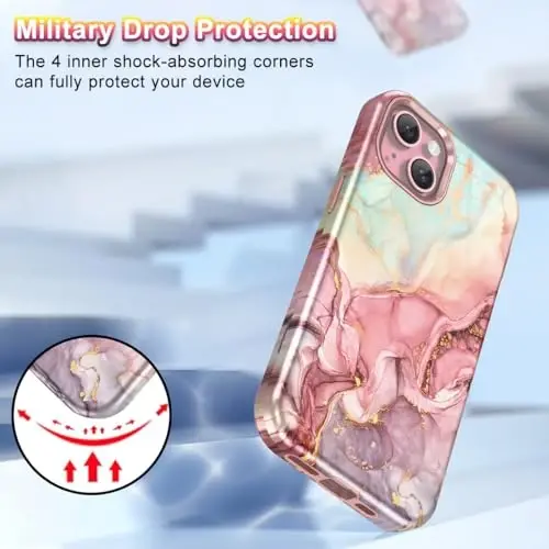 Btscase for iPhone 15 Case 6.1 inch (2023), Marble Pattern 3 in 1 Heavy Duty Shockproof Full Body Hard PC+Soft Silicone Drop Protective Women Girls Cover for iPhone 15, Rose Gold - 9