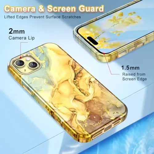 Btscase for iPhone 15 Plus Case 6.7 inch (2023), Marble Pattern 3 in 1 Heavy Duty Full Body Shockproof Hard PC+Soft Silicone Drop Protective Women Girls Cover for iPhone 15 Plus, Amber Yellow - 3