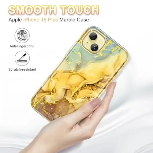 Btscase for iPhone 15 Plus Case 6.7 inch (2023), Marble Pattern 3 in 1 Heavy Duty Full Body Shockproof Hard PC+Soft Silicone Drop Protective Women Girls Cover for iPhone 15 Plus, Amber Yellow - BTSCASE (1)