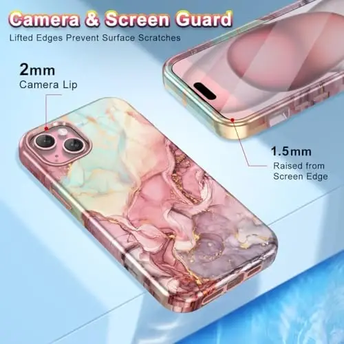 Btscase for iPhone 15 Plus Case 6.7 inch (2023), Marble Pattern 3 in 1 Heavy Duty Full Body Shockproof Hard PC+Soft Silicone Drop Protective Women Girls Cover for iPhone 15 Plus, Rose Gold 