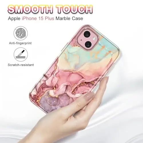 Btscase for iPhone 15 Plus Case 6.7 inch (2023), Marble Pattern 3 in 1 Heavy Duty Full Body Shockproof Hard PC+Soft Silicone Drop Protective Women Girls Cover for iPhone 15 Plus, Rose Gold - 6