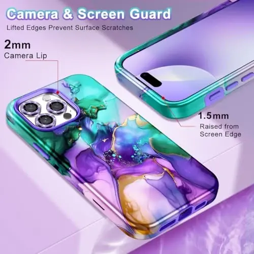 Btscase for iPhone 15 Pro Max Case 6.7 dyuym (2023), Marmar naqshli 3 v 1 Zo'r himoya Kuchli qattiq kompyuter+Yumshoq silikon iPhone 15 Pro Max uchun ayollar qizlar qopqog'i, Moviy Binafsha - 4