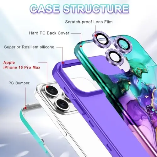 Btscase for iPhone 15 Pro Max Case 6.7 dyuym (2023), Marmar naqshli 3 v 1 Zo'r himoya Kuchli qattiq kompyuter+Yumshoq silikon iPhone 15 Pro Max uchun ayollar qizlar qopqog'i, Moviy Binafsha - 3