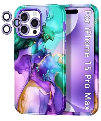 Btscase for iPhone 15 Pro Max Case 6.7 inch (2023), Marble Pattern 3 in 1 Heavy Duty Full Body Shockproof Hard PC+Soft Silicone Drop Protective Women Girls Cover for iPhone 15 Pro Max, Cyan Purple - 14