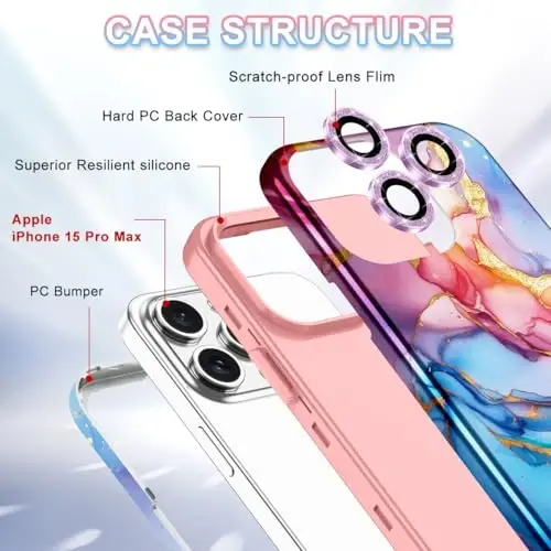 Btscase for iPhone 15 Pro Max Case 6.7 inch (2023), Marble Pattern 3 in 1 Heavy Duty Full Body Shockproof Hard PC+Soft Silicone Drop Protective Women Girls Cover for iPhone 15 Pro Max, Pink Marble - 3